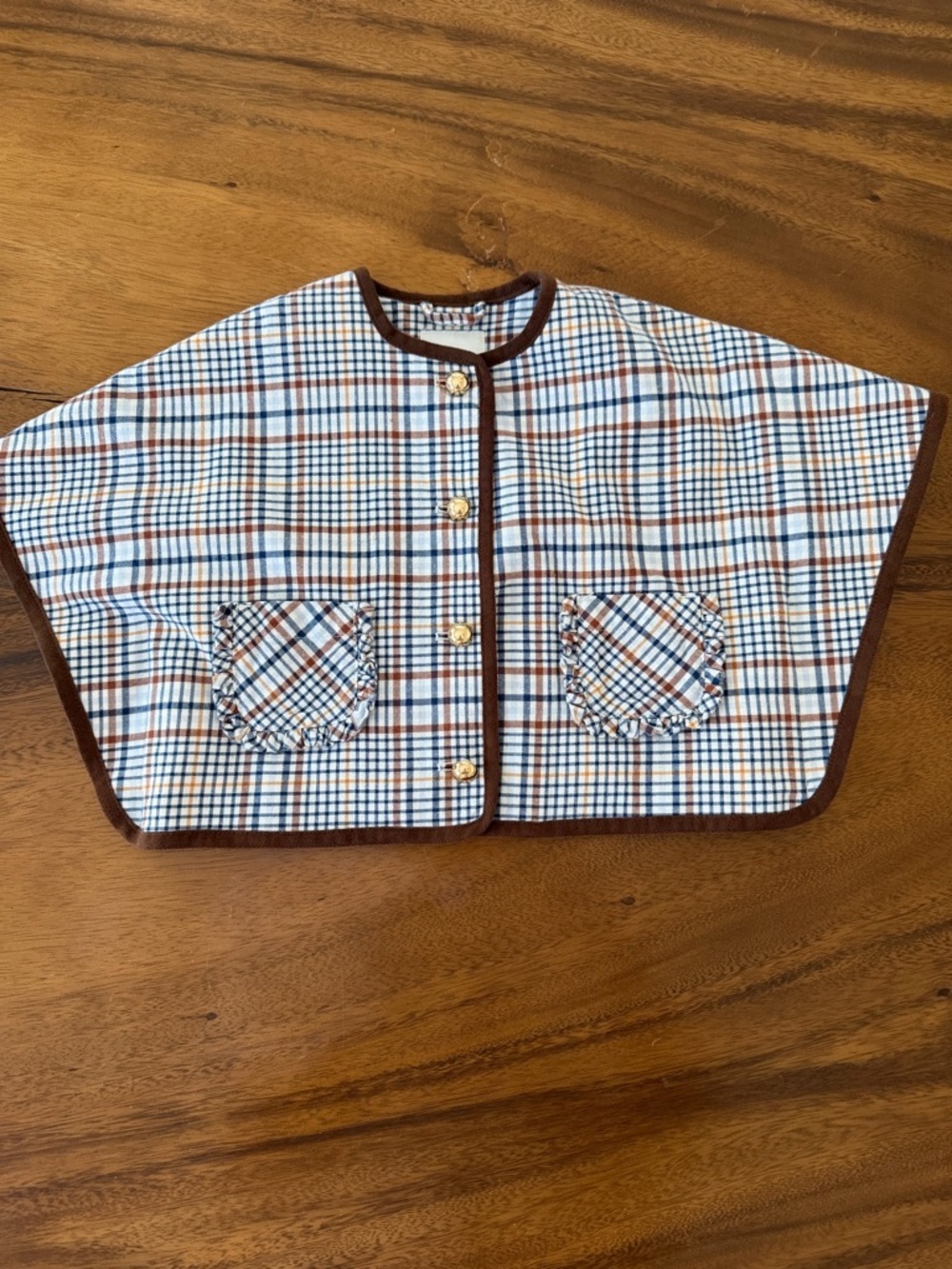 Janie & Jack Kids Blue and Brown Trim Plaid Cape Poncho 12-18M